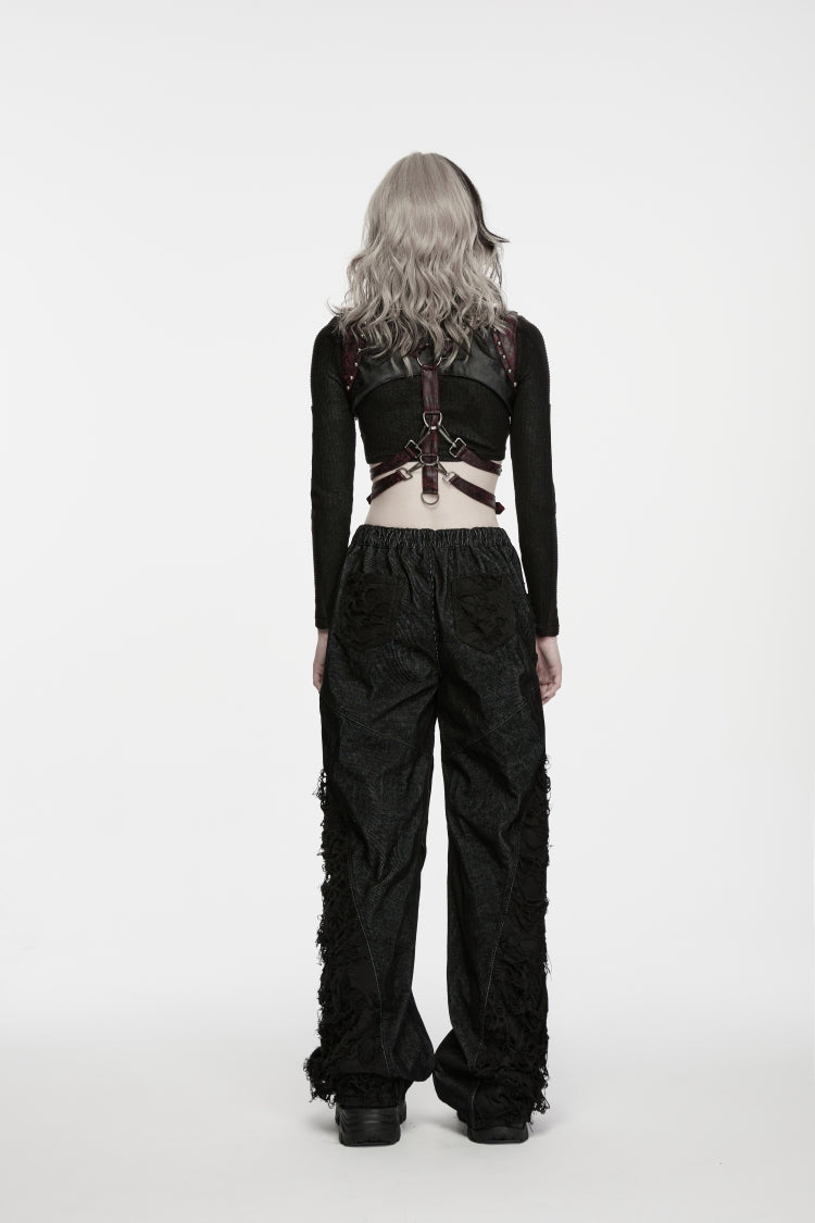 Black Patchwork Ripped Pleated Women's Punk Wide Leg Pants - Product - 2