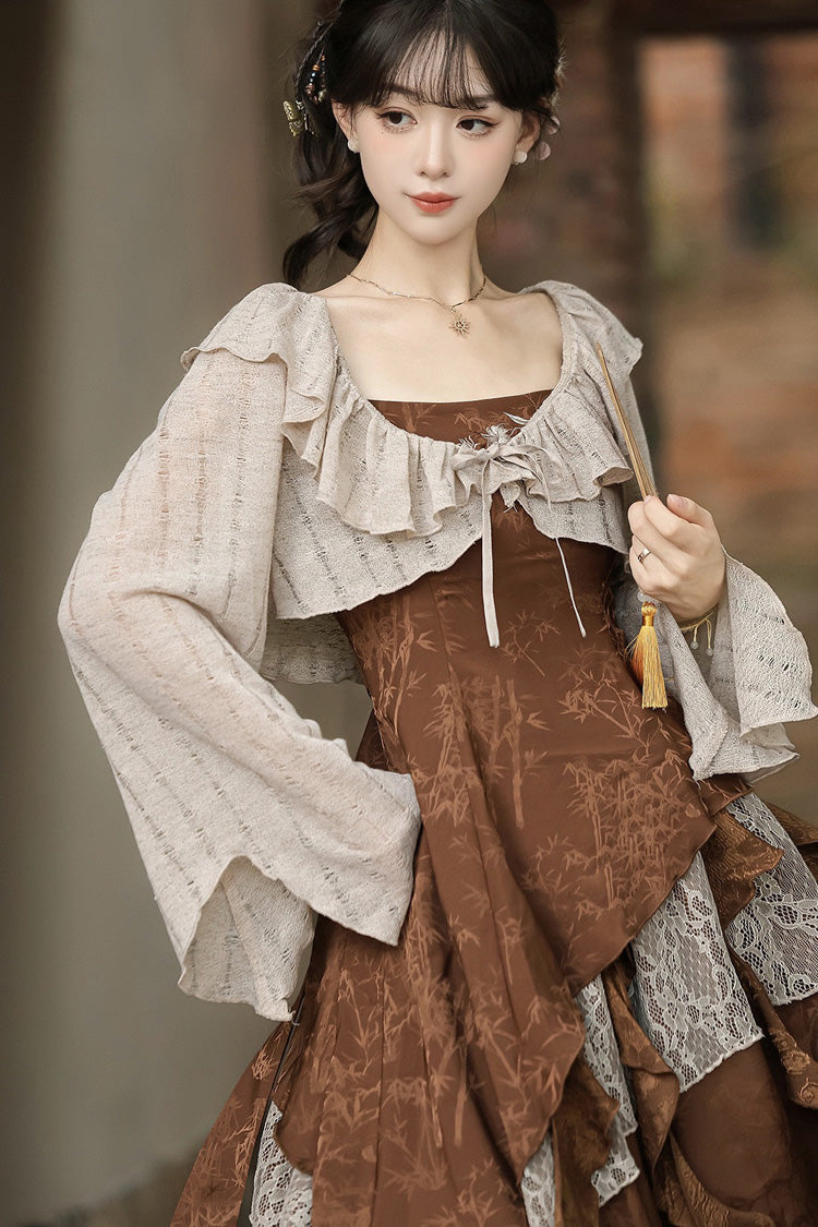 Brown [Dune Traveler] Printed Ruffled Spliced Asymmetric Punk Vintage Lolita Jsk Dress Set - Product - 6