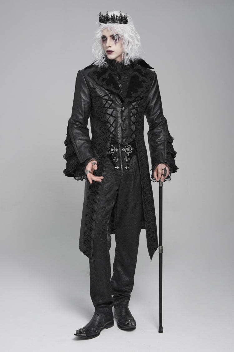 Black Long Trumpet Sleeves Floral Crochet Embroidery Lace-Up Men's Gothic Coat - Product - 7