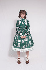 Christian Pious Duck Print Long Sleeves Bowknot Sweet Lolita OP Dress - Green - 7