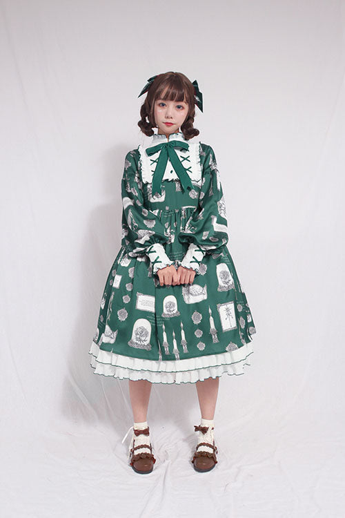 Christian Pious Duck Print Long Sleeves Bowknot Sweet Lolita OP Dress - Green - 7