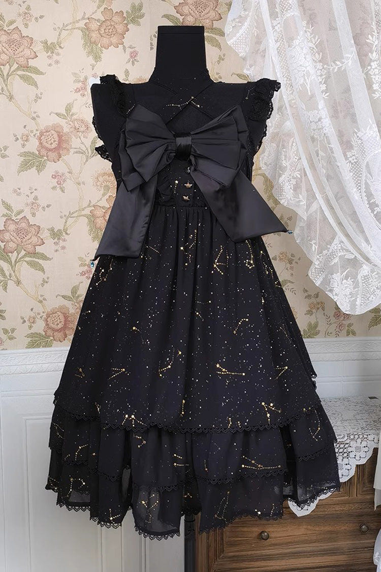 Black Triple-Layered Ruffle Hot Stamping Bowknot Classic Gothic Princess Lolita Jsk Dress - Black - 1
