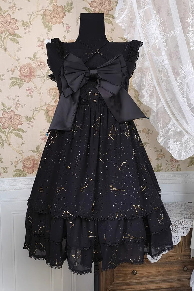 Black Triple-Layered Ruffle Hot Stamping Bowknot Classic Gothic Princess Lolita Jsk Dress - Black - 1