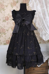 Black Triple-Layered Ruffle Hot Stamping Bowknot Classic Gothic Princess Lolita Jsk Dress - Black - 1