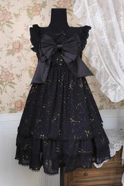 Black Triple-Layered Ruffle Hot Stamping Bowknot Classic Gothic Princess Lolita Jsk Dress - Black - 1