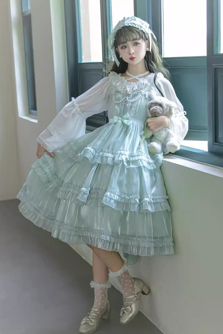 Green Starry Gauze Love Song Three-Tiered Ruffle Bowknot Sweet Lolita Tiered JSK Dress - Product - 5
