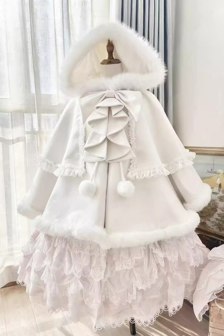 [Velvet Butterfly] Ruffle Bowknot Lace Hooded Sweet Lolita Dress Cloak Coat 4 Colors - White - 5