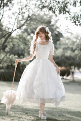 White Ode to Floating Lights Fantasy Fairy Short Sleeves Ruffle Sweet Elegant Lolita Dress - Product - 5