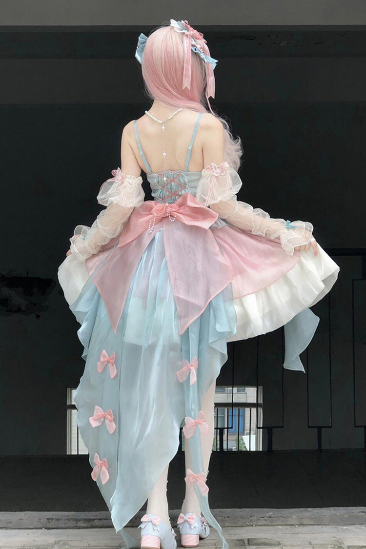 Pink/Blue [Camellia Covenant] Halterneck Ruffled Bow Lace Lace-Up Sweet Lolita Jsk Dress - Product - 10