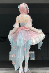 Pink/Blue [Camellia Covenant] Halterneck Ruffled Bow Lace Lace-Up Sweet Lolita Jsk Dress - Product - 10