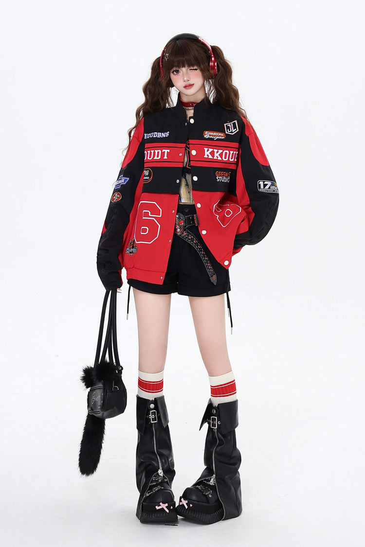 [Biker Girl] Long Sleeves Print Embroidery Zipper Detachable Jirai Kei Coat 3 Colors - Product - 6