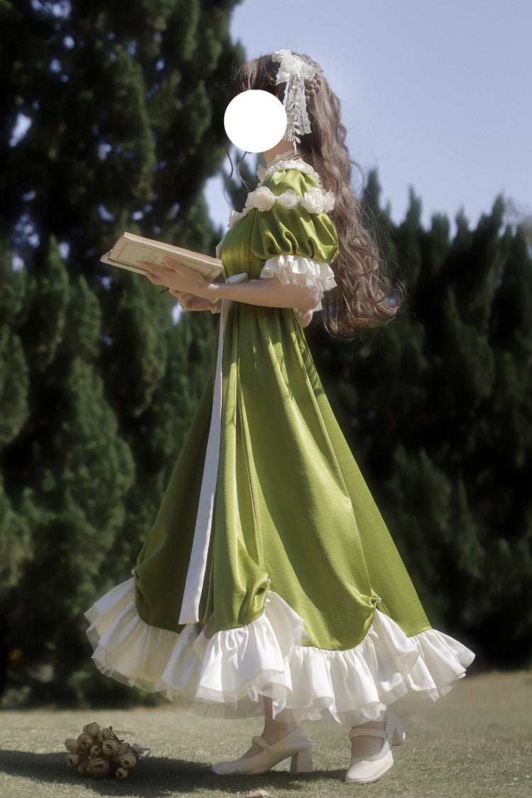 Green Square Collar Short Sleeves Ruffle Bowknot Sweet Regency-Style Vintage (Dress Only) detail view 8