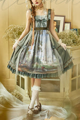 Green Salisbury Cathedral Oil Painting Print Classic Lolita JSK Dress - Green - 1