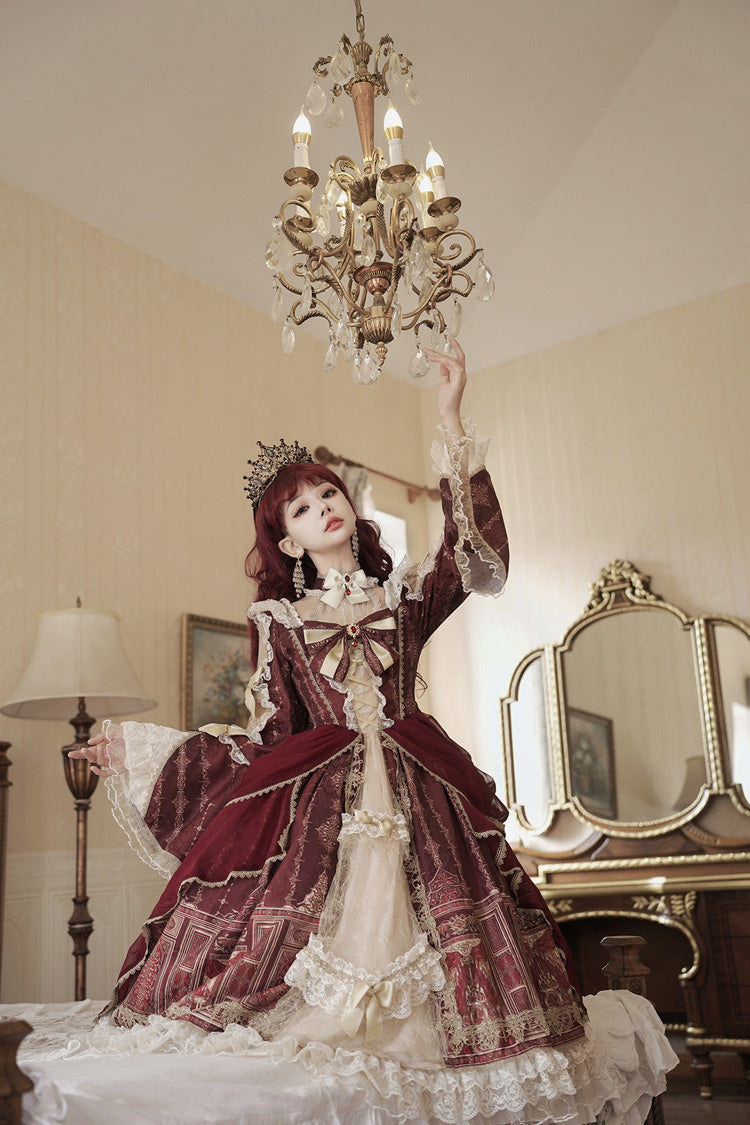 レッド バロック Palace プリント レース クラシカル プリンセス ロリータワンピース 商品画像