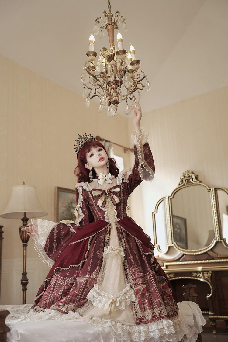 Red Baroque Palace Print Lace Classic Princess Lolita Dress - Product - 2