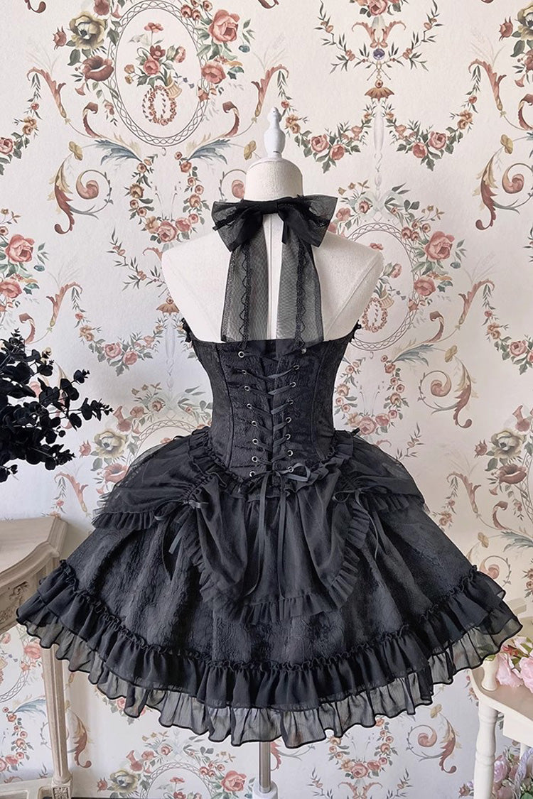 Dark Black Tube Top Sleeveless Blowknot Ruffled Gothic Lolita Tiered Dress - Product - 3