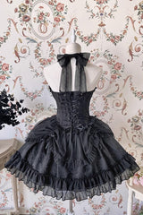 Dark Black Tube Top Sleeveless Blowknot Ruffled Gothic Lolita Tiered Dress - Product - 3