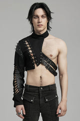 Black Stand Collar Asymmetric Rivet Buckle Men's Punk Faux Leather Harness - Black - 1