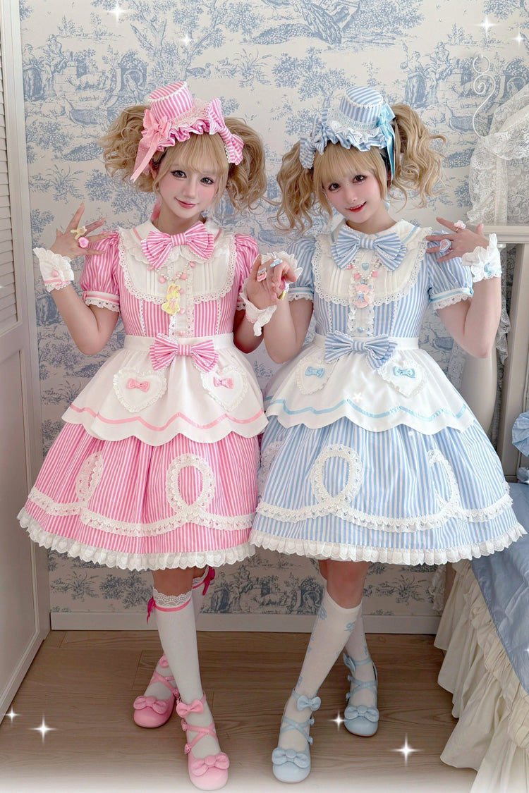 [A Day as a Candy Shop Owner] Peter Pan Collar Short Sleeves Printed Bow Sweet Lolita Dress 3 Colors (Red, Blue, Pink) - Pink - 1
