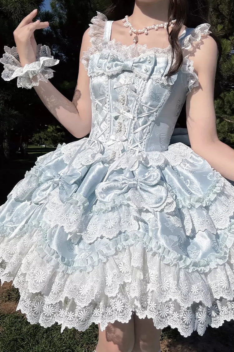 Blue [Realm of Sea Moon] Square Collar Sleeveless Multi-Layered Jacquard Ruffled Bow Lace Lace-Up Sweet Lolita Jsk Dress - Product - 4