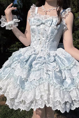 Blue [Realm of Sea Moon] Square Collar Sleeveless Multi-Layered Jacquard Ruffled Bow Lace Lace-Up Sweet Lolita Jsk Dress - Product - 4