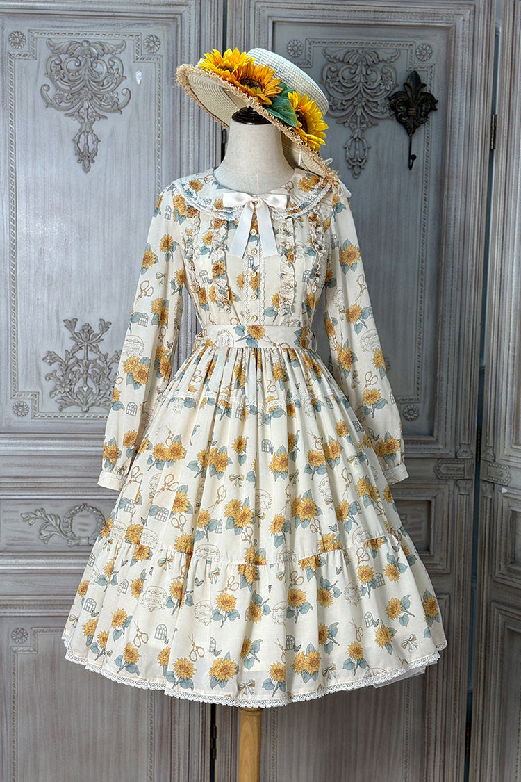 Apricot [Gardening Sunflower] Long Sleeves Print Ruffle Bowknot Sweet Elegant Lolita Dress - Product - 3