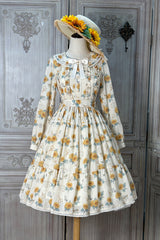 Apricot [Gardening Sunflower] Long Sleeves Print Ruffle Bowknot Sweet Elegant Lolita Dress - Product - 3