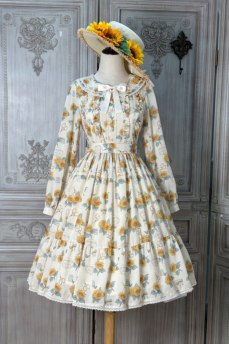 Apricot [Gardening Sunflower] Long Sleeves Print Ruffle Bowknot Sweet Elegant Lolita Dress - Product - 3