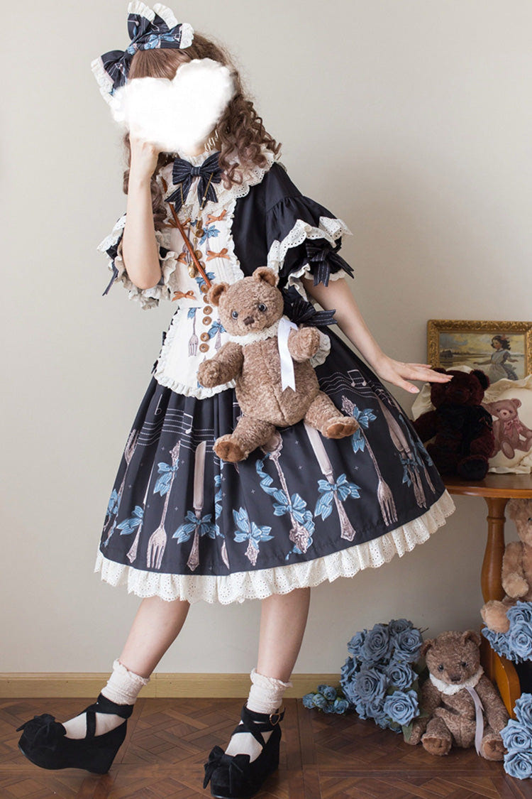 Dark Blue [The Witch’s Banquet] Round Collar Short Sleeves Printed Ruffled Embroidered Bow Lace Sweet Lolita Jsk Dress - Product - 4