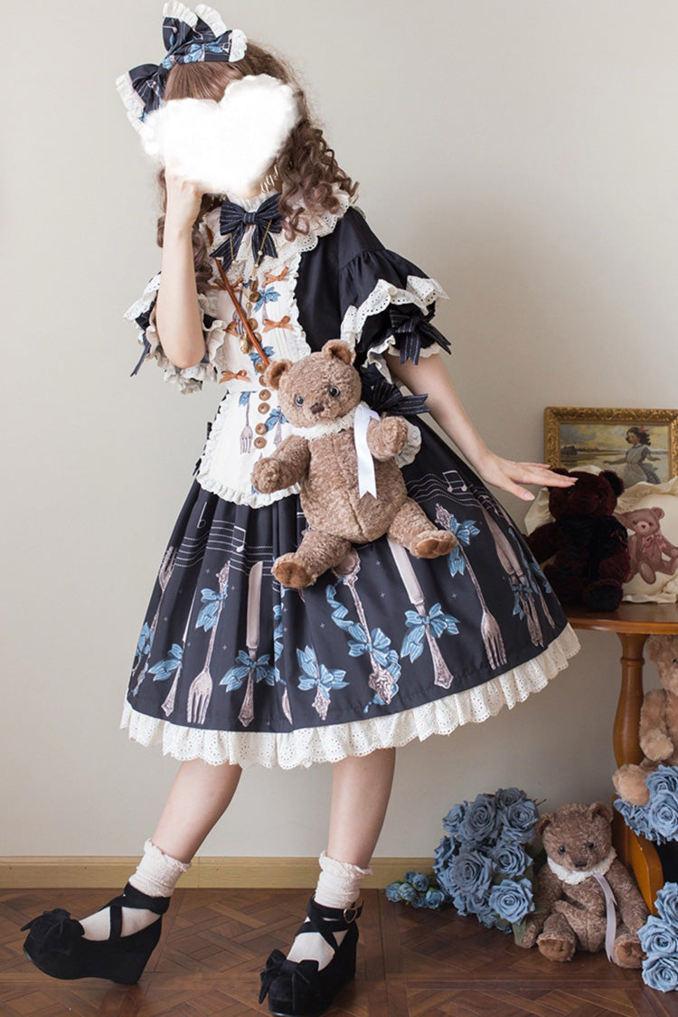 Dark Blue [The Witch’s Banquet] Round Collar Short Sleeves Printed Ruffled Embroidered Bow Lace Sweet Lolita Jsk Dress - Product - 4