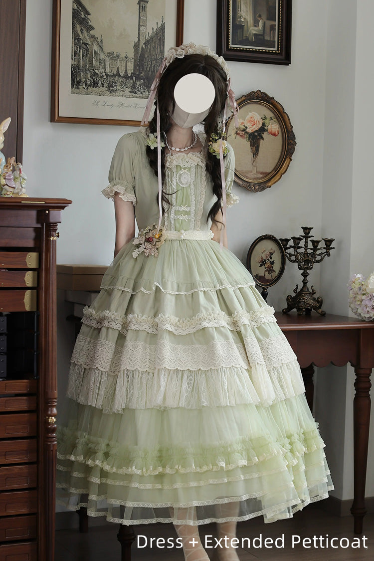 Muscat Green [Vintage Ball 3.0] Square Collar Short Sleeves Lace Pearl Detail Sweet Lolita Dress - Product - 7
