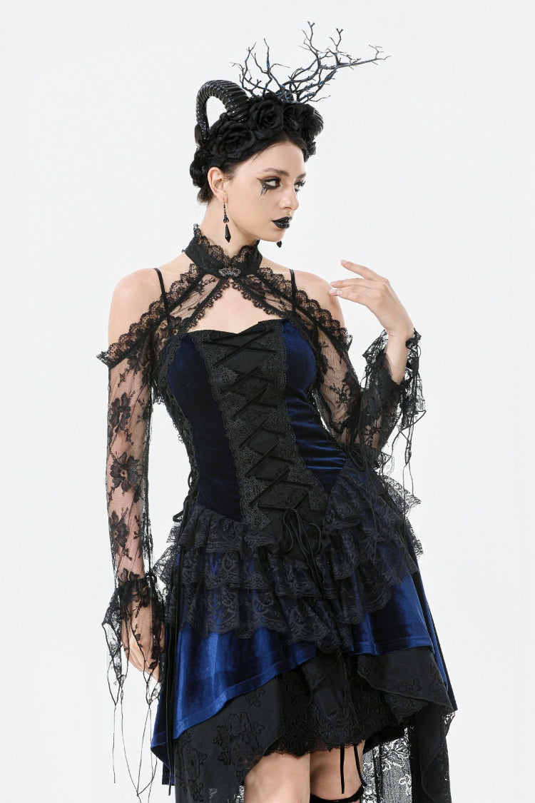 Black Off Shoulder Long Sleeves Sheer Floral Lace Women's Gothic Shrug - Product - 5