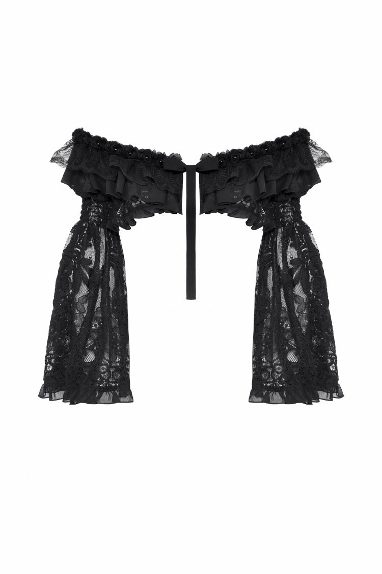 Black Ruffled Off Shoulder Long Bishop Sleeves Lace Women's Gothic Cape - Product - 3