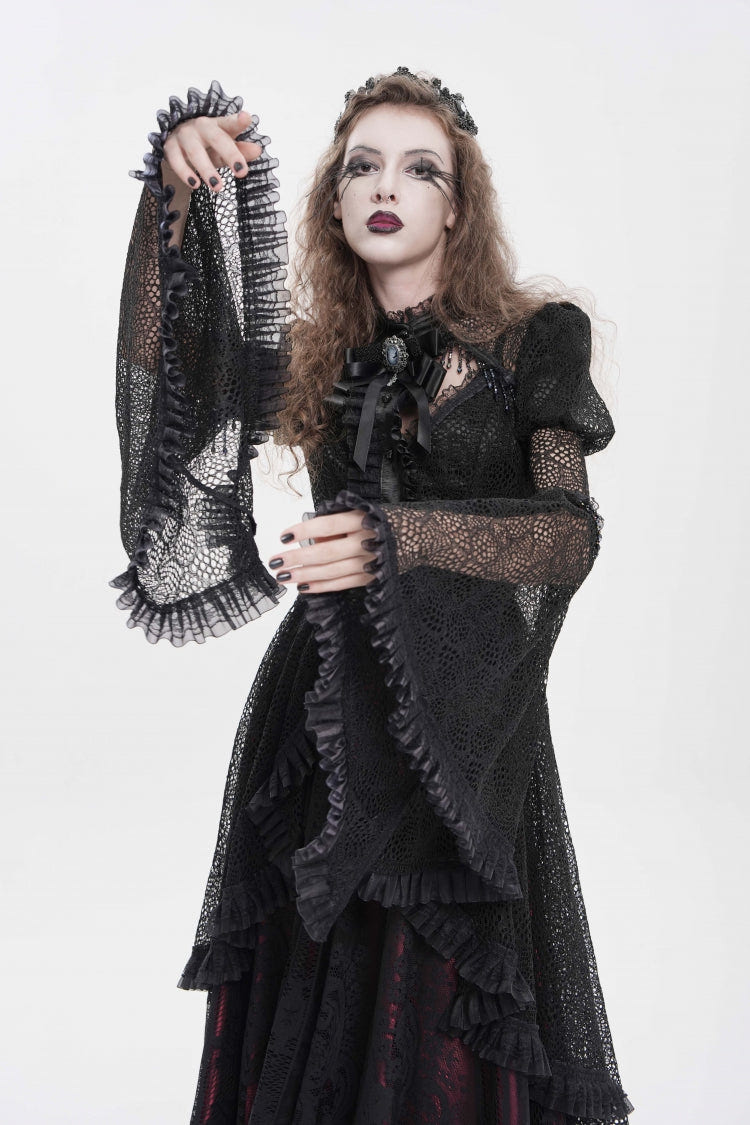 Black Stand Collar Long Trumpet Beaded Sleeves Cut-Out Bow Lace Women's Gothic Blouse - Product - 7