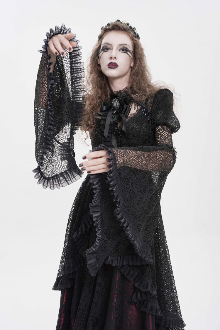 Black Stand Collar Long Trumpet Beaded Sleeves Cut-Out Bow Lace Women's Gothic Blouse - Product - 7