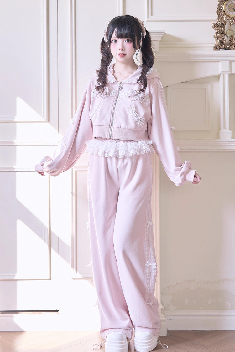 Sweet Long Sleeves Bowknot Lace Hooded Jirai Kei Hoodie Pants Set 3 Colors - Pink - 1