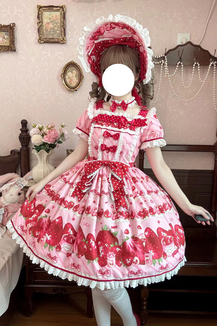 Pink [Strawberry Gift Box] Short Sleeves Print Ruffle Bowknot Lace Sweet Lolita Dress - Pink - 1