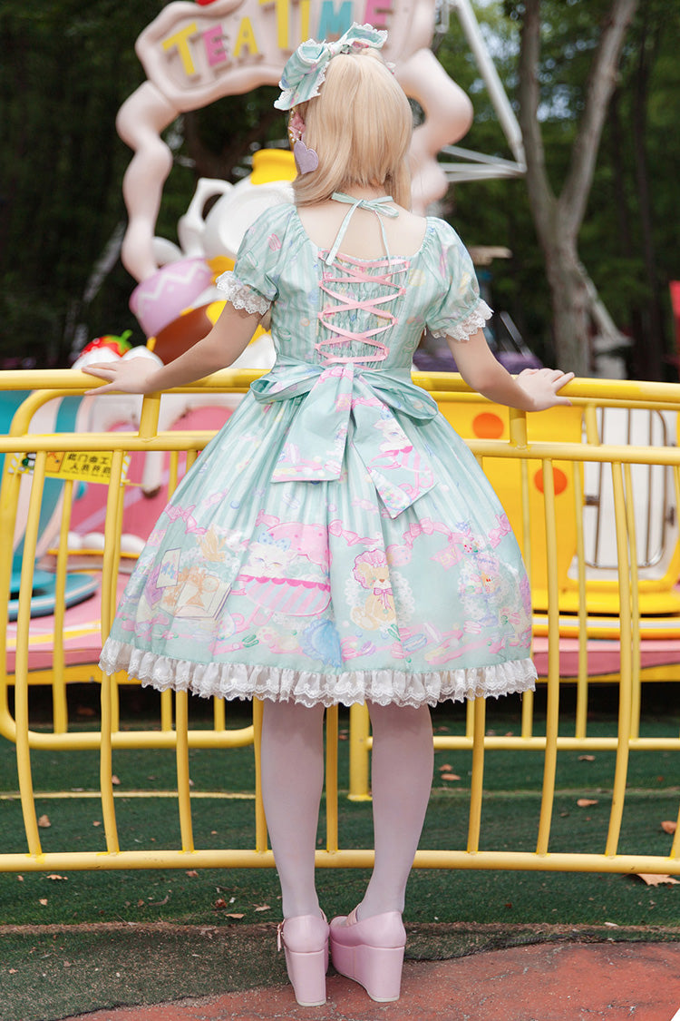 Green [Macarons Dolly House] Square Collar Short Lantern Sleeves Printed Bow Sweet Lolita Dress - Product - 3