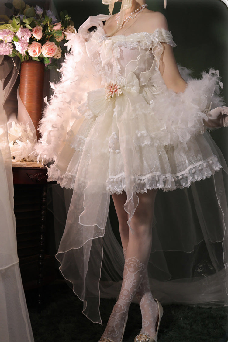 White Multi-Layered Ruffled Hanayome Bow Pearl-Decorated Sweet Lolita Jsk Dress Full Set 2 Versions - Product - 4