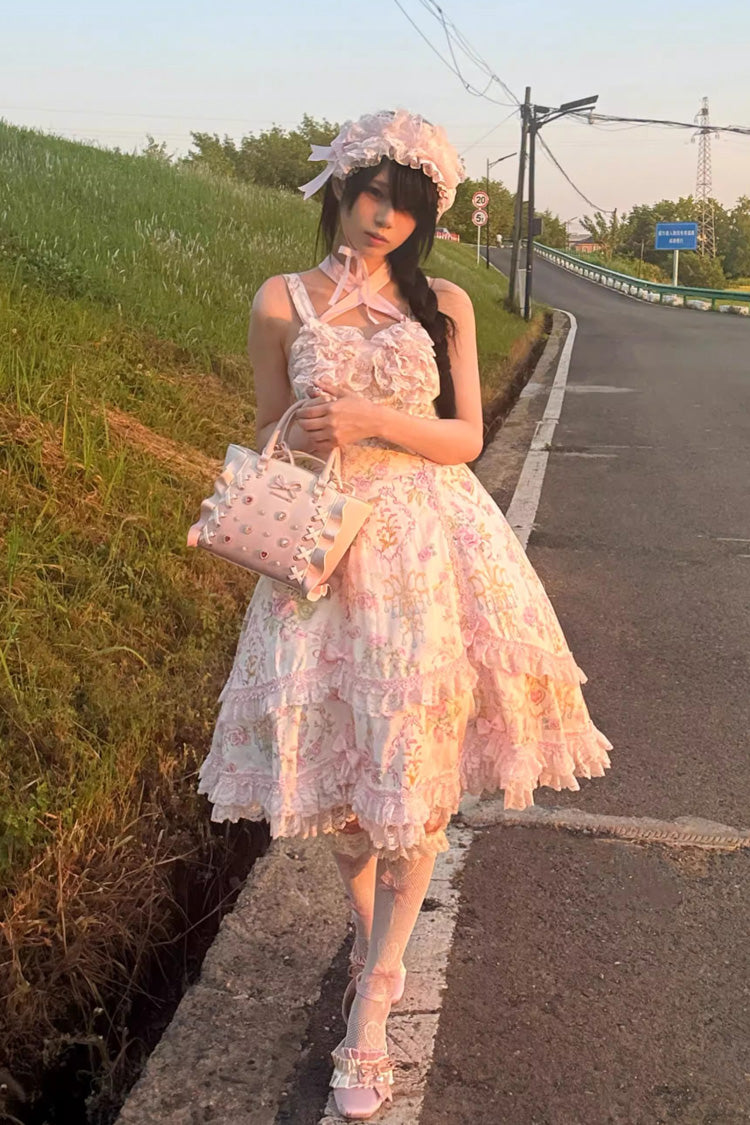 White/Pink Sleeveless Flower Wall Print Ruffle Bowknot Lace Sweet Lolita Jsk Dress - Product - 19