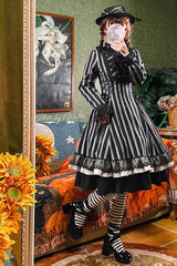 Black Stand Collar Long Sleeves Multi-layer Striped Print Ruffle Gothic Lolita Dress - Product - 5