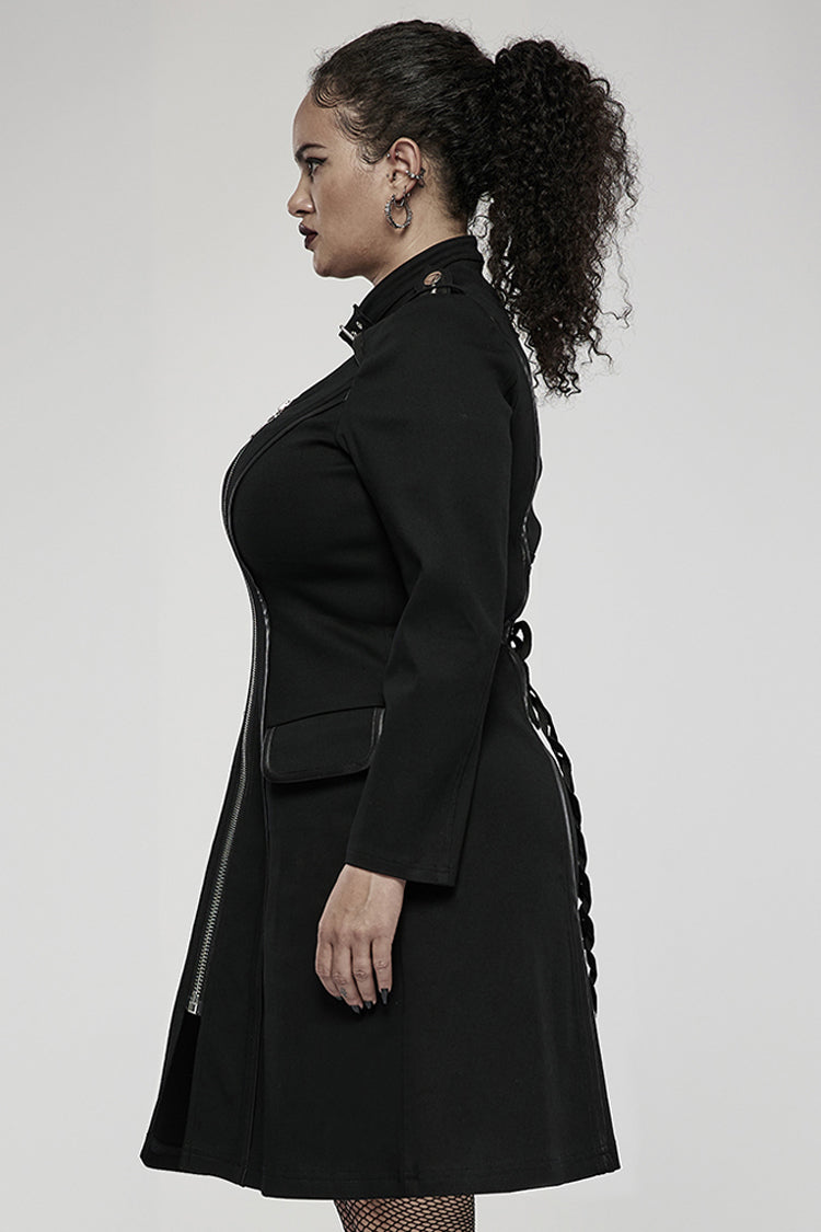 Black Elasticity Knitted Stitching Glued Fabric Slim And Handsome Pocket Decoration Metal Zipper Women's Plus Size Punk Dress - Product - 2