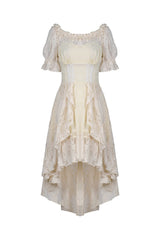 Beige Ruffled Off Shoulder Short Sleeves Ruched Women's Steampunk Vintage Gorgeous Graduation Dress - Product - 3