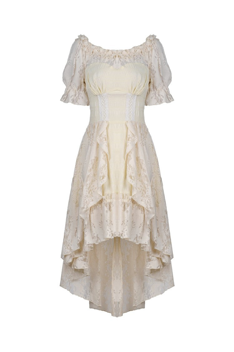 Beige Ruffled Off Shoulder Short Sleeves Ruched Women's Steampunk Vintage Gorgeous Graduation Dress - Product - 3