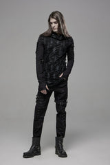 Black Long Sleeves Lace-Up Hooded Ripped Pleated Men's Gothic Cool T-Shirt - Product - 8