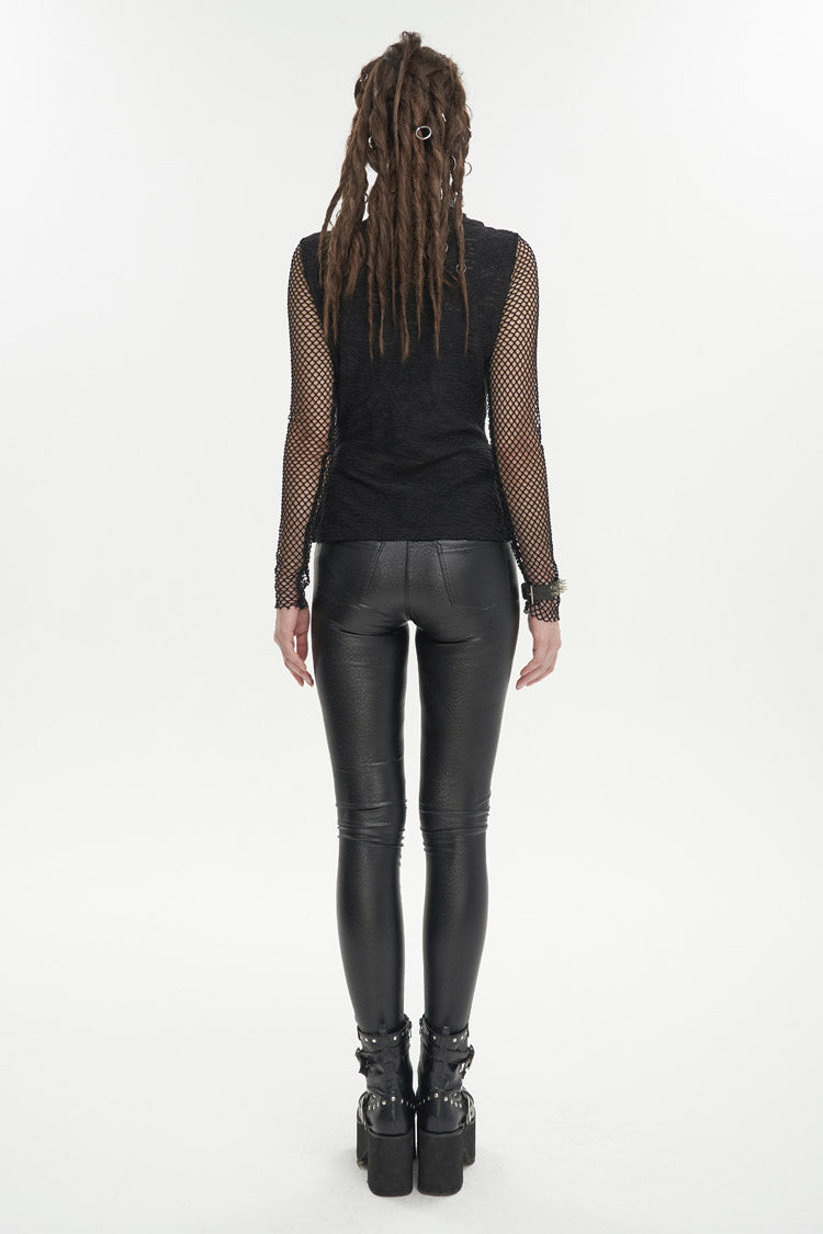 Black Turtleneck Adjustable Faux Suspenders Textured Knit Mesh Women's Punk T-Shirt - Product - 5