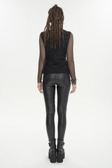 Black Turtleneck Adjustable Faux Suspenders Textured Knit Mesh Women's Punk T-Shirt - Product - 5