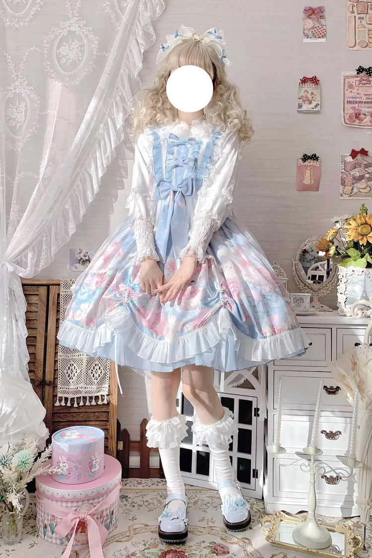 Blue Sleeveless High Waisted Rabbit Print Ruffle Bowknot Sweet Lolita Jsk Dress - Product - 2
