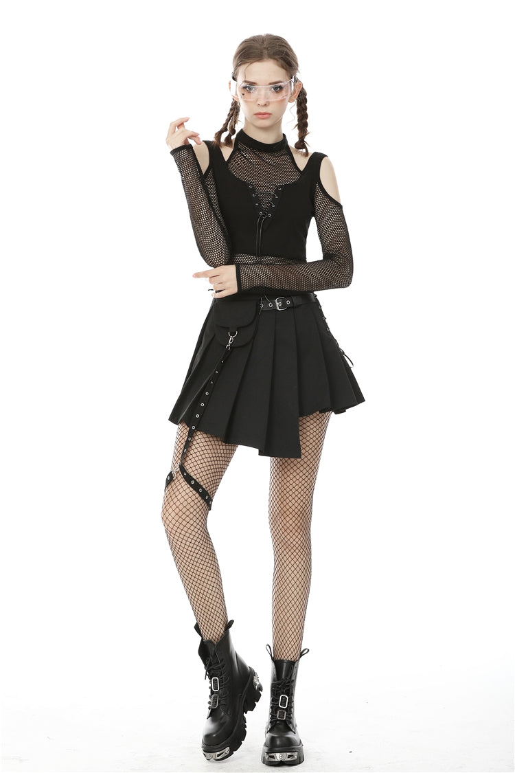 Black Off Shoulder Long Sleeves Lace-Up Chest Straps Sheer Mesh Women's Punk Top - Product - 6