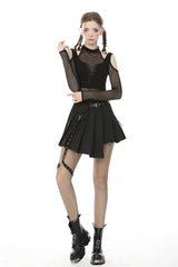 Black Off Shoulder Long Sleeves Lace-Up Chest Straps Sheer Mesh Women's Punk Top - Product - 6